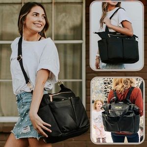 Miss Fong Leather Backpack Diaper Tote Bag, Black